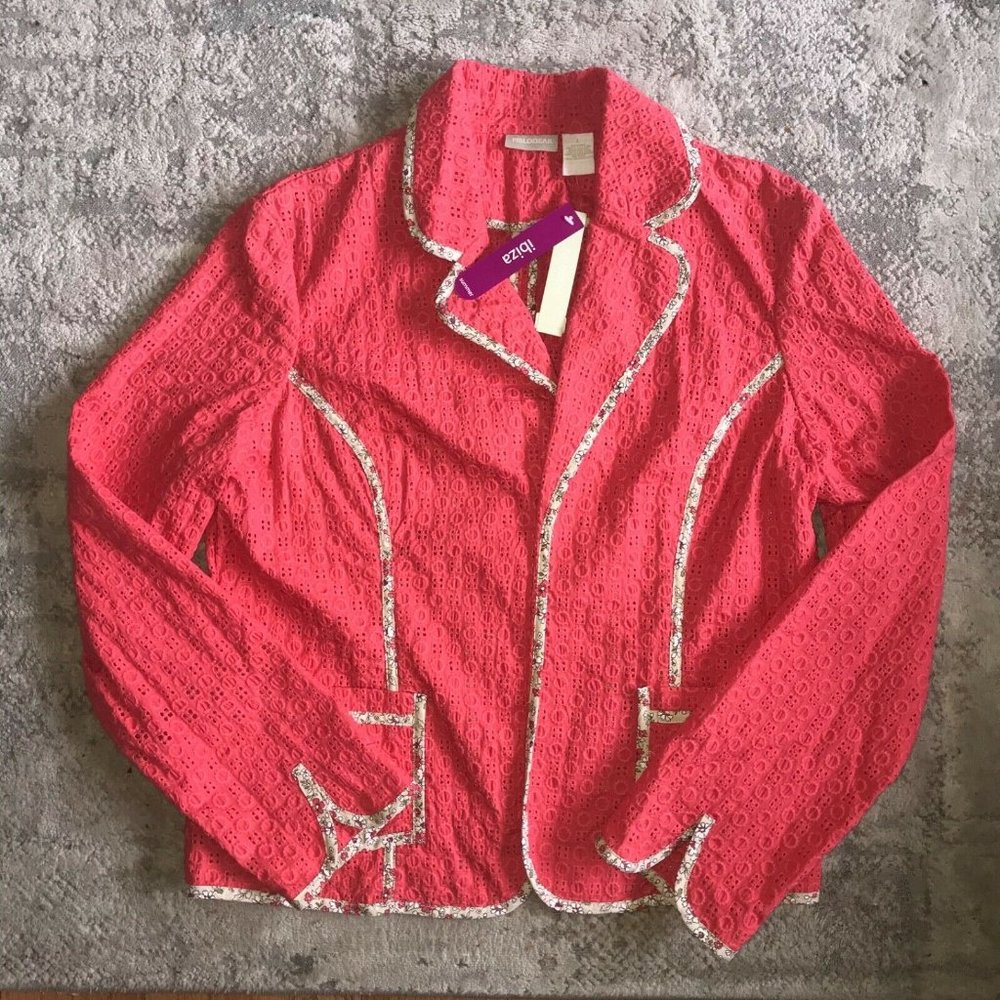 NEW Field Gear Women's Large Coral Pink Eyelet Jacket Floral Trim Blazer
